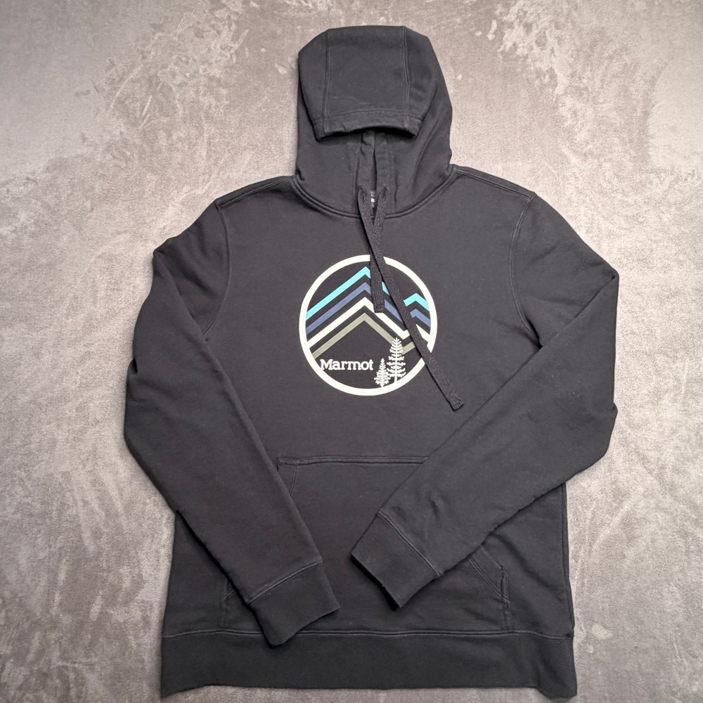 Marmot Hoodie Men Medium Black Mountain Graphic Pullover SCC-240 Cotton Blend